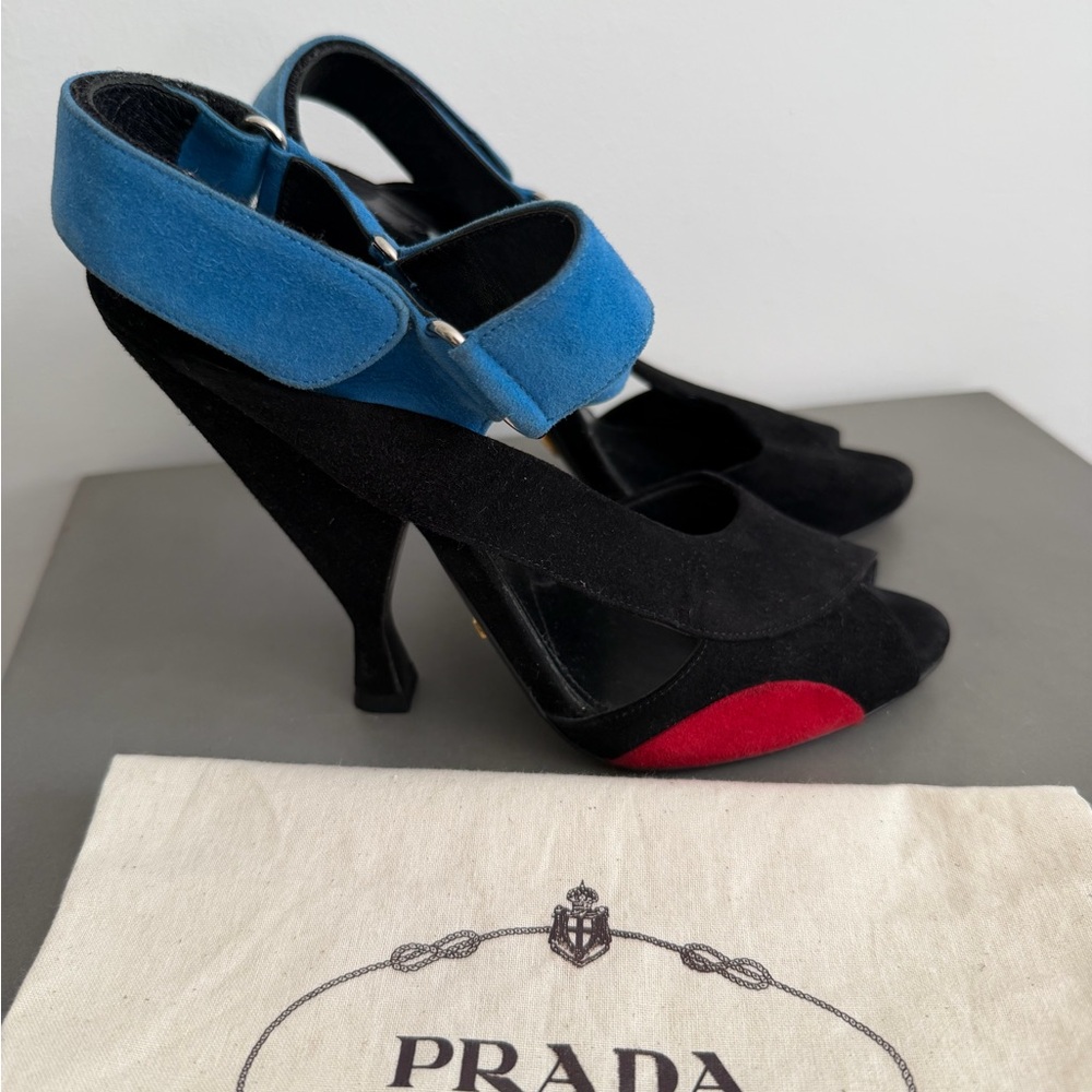 PRADA Black Suede Colorblock Runway Heel Sandals, Size 38.5 (US 8)